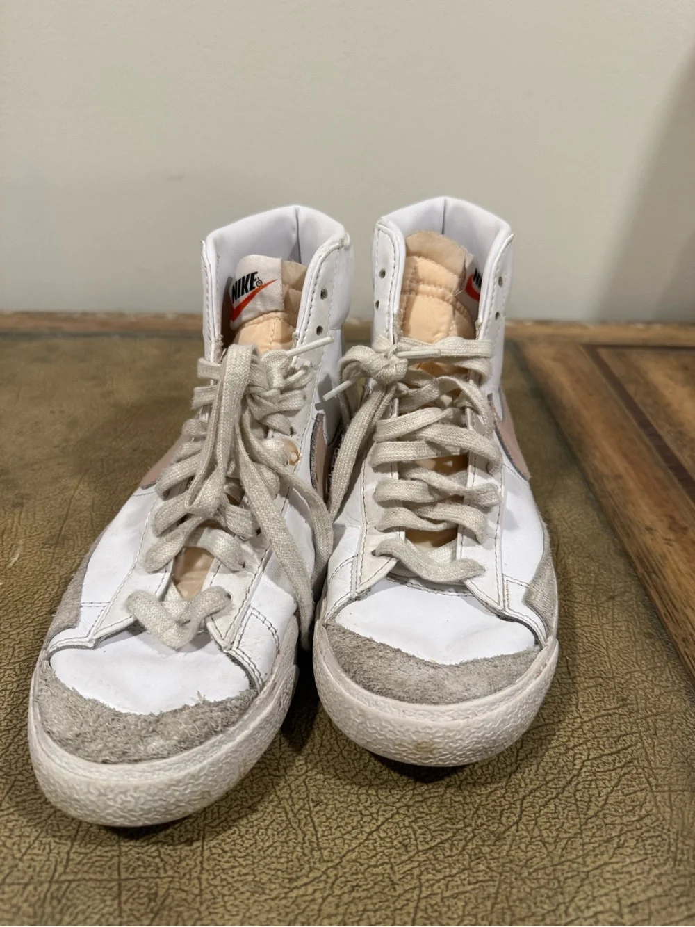 Nike High-Top Sneakers in White with Blush Swoosh